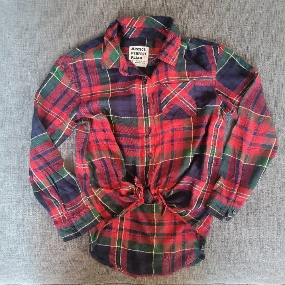 Justice “Perfect Plaid” Women's Red & Blue Flannel Long Sleeve Button Down Shirt